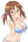  1girl aimobake bare_shoulders bikini blue_bikini blue_ribbon blush breasts brown_eyes brown_hair cleavage closed_mouth collarbone commentary_request cowboy_shot front-tie_bikini front-tie_top glasses hair_ribbon hands_up highres idolmaster idolmaster_cinderella_girls large_breasts leaning_forward long_hair looking_at_viewer navel red-framed_eyewear ribbon sidelocks simple_background smile solo stomach swimsuit totoki_airi twintails white_background 