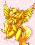  2015 anthro bikini biting_lip blonde_hair blush breasts clothing cutie_mark equine feathered_wings feathers female golden_ticket hair hand_behind_head hi_res horn long_hair looking_at_viewer mammal mrfatcakes my_little_pony navel solo swimsuit winged_unicorn wings 