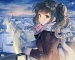 bangs black_coat black_eyes black_hair blue_hair box cityscape coat commentary_request gift gift_box holding holding_gift long_sleeves looking_at_viewer looking_back night night_sky original railing scarf sibyl sky smile solo two_side_up upper_body valentine 