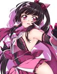  armor bangs black_hair blunt_bangs breasts commentary_request covered_nipples elbow_gloves gloves headgear highres japanese_clothes long_hair looking_at_viewer niko_(tama) open_mouth pink_eyes ribs scarf senki_zesshou_symphogear senki_zesshou_symphogear_xd_unlimited shiny shiny_hair shiny_skin simple_background small_breasts solo sweat tsukuyomi_shirabe twintails white_background 