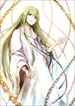  chain commentary_request enkidu_(fate/strange_fake) fate/grand_order fate_(series) green_eyes green_hair hair_between_eyes hands_up kei-suwabe long_hair long_sleeves looking_at_viewer male_focus open_mouth robe smile solo white_background wide_sleeves 