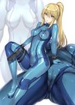  ass blonde_hair blue blue_bodysuit blue_eyes blush bodysuit breasts breasts_apart cameltoe collarbone commentary_request covered_navel covered_nipples eyebrows_visible_through_hair gun hakaba_(dairiseki) highres holding holding_gun holding_weapon long_hair looking_at_viewer medium_breasts metroid multiple_views open_mouth ponytail pussy_juice samus_aran shiny shiny_clothes shiny_hair simple_background skin_tight weapon white_background zero_suit 