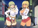  2girls bangs bikini_top black_legwear blonde_hair blue_eyes blush boku_no_oshiego_wa_bitch_gal breasts brown_legwear building cleavage clenched_teeth clothes_around_waist cowboy_shot crossed_arms dark_skin earrings green_hair hair_between_eyes hair_scrunchie hand_on_hip happy high_ponytail highres hoop_earrings huge_breasts impossible_clothes legs long_hair long_sleeves looking_at_viewer miniskirt mole mole_on_breast mole_under_eye multiple_girls navel necklace night open_mouth original outdoors ponytail purple_eyes red_skirt school_uniform scrunchie skirt sky sleeves_pushed_up smile standing thighhighs thighs trees twintails unbuttoned uo_denim zettai_ryouiki 
