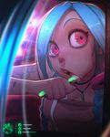  1girl arm_tattoo blue_hair braid jinx_(league_of_legends) league_of_legends lipstick pink_eyes solo tattoo toothbrush_in_mouth twin_braids 