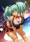  1girl bare_shoulders between_breasts bow bowtie breasts cane checkered_skirt green_eyes green_hair hands_on_knees ikkitousen jewelry large_breasts leaning_forward looking_at_viewer midriff miniskirt palm_tree pool ryofu_housen skirt skyscraper sleeveless solo tagme thighs twintails 
