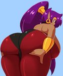  2018 absurd_res big_breasts big_butt blue_eyes breasts butt clothed clothing dark_skin digital_media_(artwork) ear_piercing eikasianspire female genie hair hi_res huge_breasts huge_butt humanoid long_hair not_furry piercing pointy_ears ponytail purple_hair shantae shantae_(series) side_boob simple_background solo 