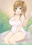  bare_shoulders blush breasts brown_hair cleavage collarbone covered_nipples dated eyebrows_visible_through_hair fang green_eyes hair_bobbles hair_ornament highres inuyama_aoi kuavera large_breasts long_hair looking_at_viewer naked_towel onsen open_mouth side_ponytail sitting smile solo steam thick_eyebrows towel wet white_towel yurucamp 