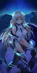  angela_balzac ankle_boots arms_at_sides bangs bare_shoulders black_gloves black_legwear blonde_hair blue_eyes blush boots breasts closed_mouth covered_navel deva_battle_suit elbow_gloves eyebrows_visible_through_hair feet_out_of_frame from_above gedou_(shigure_seishin) gem gloves grey_footwear headgear highres kneehighs large_breasts leotard long_hair looking_at_viewer looking_up low-tied_long_hair low_twintails mecha night night_sky rakuen_tsuihou shin_guards shiny shiny_hair sitting skin_tight sky smile solo star_(sky) starry_sky thigh_strap twintails very_long_hair white_leotard 