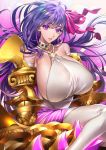  1girl bangs bare_shoulders collar collarbone elbow_gloves eyebrows_visible_through_hair fate/extra fate/extra_ccc fate/grand_order fate_(series) gloves hair_ribbon highres long_hair looking_at_viewer parted_lips passion_lip purple_eyes purple_hair ribbon solo tenobe very_long_hair white_gloves white_legwear 