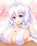  1boy 1girl afuro azur_lane bare_shoulders blue_eyes blush breast_squeeze breasts censored cleavage dress elbow_gloves gloves hair_ornament hetero huge_breasts illustrious_(azur_lane) long_hair mole open_mouth paizuri penis ring shiny shiny_skin solo_focus tiara white_gloves white_hair 