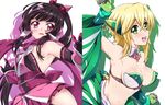  akatsuki_kirika arm_up armpits bandeau bare_shoulders black_hair blonde_hair breasts commentary_request covered_nipples detached_collar elbow_gloves eyebrows_visible_through_hair gloves green_eyes hair_between_eyes headgear highres long_hair looking_at_viewer medium_breasts multiple_girls navel niko_(tama) open_mouth pink_eyes ribs senki_zesshou_symphogear senki_zesshou_symphogear_xd_unlimited shiny shiny_clothes shiny_hair shiny_skin short_hair simple_background small_breasts striped sweat teeth tsukuyomi_shirabe twintails white_background 