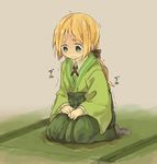  1girl beige_background blonde_hair blue_legwear blush character_request embarrassed female full_body green_eyes green_kimono green_skirt hakama_skirt hands_together indoors japanese_clothes kimono kneeling long_sleeves peeing peeing_self ponytail seiza shirt simple_background sitting skirt socks solo tears text tied_hair translation_request trembling wavy_mouth wet_clothes white_shirt yomiclone 