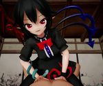  1girl animated black_dress black_hair black_legwear bouncing_breasts breasts censored clothed_sex erect_nipples fang houjuu_nue indoors looking_at_viewer medium_breasts mikumikudance nails pointy_ears pov red_eyes sex short_hair snake teeth touhou vaginal wings 