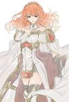  armor cape celica_(fire_emblem) dress fire_emblem fire_emblem_echoes:_mou_hitori_no_eiyuuou gloves highres jewelry long_hair red_eyes red_hair smile solo tiara ziro 