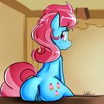  2015 anthro anus blush butt cutie_mark earth_pony equine female friendship_is_magic hair hi_res horse inside jovalic long_hair looking_at_viewer looking_back mammal mrs_cake_(mlp) multicolored_hair my_little_pony nude pink_eyes pony pussy solo two_tone_hair 