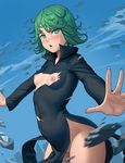  black_dress blush breasts covered_navel curly_hair day dress flipped_hair floating green_eyes green_hair lasterk looking_at_viewer nipples no_panties one-punch_man open_mouth outstretched_arms rubble short_hair side_slit sky small_breasts solo spread_arms tatsumaki telekinesis torn_clothes 