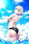  arched_back ass back bangs bare_arms bare_shoulders bikini black_bikini blue_sky blush breasts clenched_teeth cloud cloudy_sky commentary_request cowboy_shot day eyebrows_visible_through_hair fate/grand_order fate_(series) from_behind from_below glaring gradient_sky hair_between_eyes hand_on_own_arm highres jeanne_d'arc_(alter)_(fate) jeanne_d'arc_(fate)_(all) legs_together light_rays looking_at_viewer looking_back looking_down medium_breasts nakamura_tenjin nose_blush outdoors pale_skin scowl shiny shiny_hair short_hair shoulder_blades silver_hair sky solo sparkle standing sunlight swimsuit teeth thighs v-shaped_eyebrows wading wardrobe_malfunction water water_drop wet yellow_eyes 