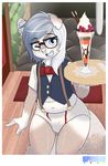  5_fingers anthro blue_eyes blue_nose blush bow_tie briefs brown_fur bulge canine clothing cub eyewear food fox fur girly glasses hair long_hair male mammal navel open_mouth solo spunkie underwear white_fur young 