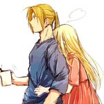  1girl =3 blonde_hair blue_shirt couple cup dress edward_elric eyebrows_visible_through_hair fullmetal_alchemist hetero hug hug_from_behind long_hair looking_away pink_dress ponytail shirt simple_background standing surprised tsukuda0310 white_background winry_rockbell yellow_eyes 