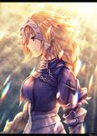  bangs blonde_hair blue_eyes braid breasts capelet chain closed_mouth cloud cloudy_sky collar corset day eyebrows_visible_through_hair fal fate/apocrypha fate_(series) from_side gauntlets jeanne_d'arc_(fate) jeanne_d'arc_(fate)_(all) light_rays long_hair looking_away medium_breasts profile shiny shiny_hair single_braid sky smile solo sunbeam sunlight twitter_username underbust upper_body very_long_hair 
