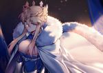  absurdres ahoge aqua_eyes armor armored_dress artoria_pendragon_(all) artoria_pendragon_(lancer) bangs blue_dress braid breasts chinese_commentary cleavage cleavage_cutout closed_mouth commentary_request crown dress eyebrows_visible_through_hair fate/grand_order fate_(series) fur-trimmed_cloak gauntlets hair_between_eyes highres large_breasts long_hair looking_at_viewer sidelocks solo v-shaped_eyebrows white_cloak yorukun 