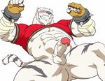  abs absurd_res anthro biceps big_muscles blue_eyes clothed clothing feline fur grimoire_of_zero hi_res kemono male mammal mercenary_(character) muscular muscular_male pecs penis solo stripes tiger ttakaa_ruizu white_fur white_tiger 