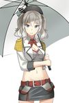  adapted_costume beret breasts cleavage commentary_request hat highres holding kantai_collection kashima_(kantai_collection) large_breasts long_hair looking_at_viewer miniskirt navel negahami race_queen silver_eyes silver_hair simple_background skirt smile solo umbrella white_background 