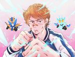  bandaid bandaid_on_nose banjou_ryuuga blurry_foreground bruise clenched_hand cross-z_charge fighting_stance foreshortening injury kamen_rider kamen_rider_build_(series) kamen_rider_cross-z light_brown_hair male_focus multiple_persona ttt_n 