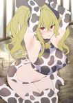  animal_print armpit_crease armpits arms_up bangs bell bell_collar blonde_hair blush closed_mouth collar cow_girl cow_horns cow_print cow_tail eyebrows_visible_through_hair hair_between_eyes highres hizuki_akira horns long_hair looking_at_viewer original red_eyes sketch solo tail window 