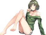  arm_support bangs bare_legs barefoot blue_eyes blush bra_strap breasts bvucki36gzoeq1c cleavage closed_mouth collarbone eyebrows_visible_through_hair green_eyes green_hair hand_up heterochromia idolmaster idolmaster_cinderella_girls jewelry large_breasts long_sleeves looking_at_viewer mole mole_under_eye necklace no_legwear off-shoulder_sweater off_shoulder shiny shiny_skin short_hair short_shorts shorts smile solo strap_slip sweater takagaki_kaede 
