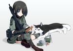  animal asymmetrical_sleeves bangs black_hair blue_eyes boots breasts brown_footwear closed_mouth commentary cup dog eyebrows_visible_through_hair eyepatch gloves gochou_(atemonai_heya) green_gloves green_jacket green_skirt gun hair_between_eyes highres holding holding_knife jacket knife long_sleeves looking_at_viewer military military_uniform mug original puffy_long_sleeves puffy_short_sleeves puffy_sleeves rifle short_sleeves single_glove sitting skirt small_breasts solo spoon tongue tongue_out uniform weapon 