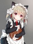  :3 animal_ears apron bangs black_dress blush brown_hair cat_ears character_request closed_mouth collared_dress dress dutch_angle eyebrows_visible_through_hair frilled_apron frills hair_between_eyes hair_ribbon holding holding_tray juliet_sleeves long_hair long_sleeves looking_at_viewer maid_headdress necktie puffy_sleeves red_eyes red_neckwear red_ribbon ribbon sleeves_past_wrists solo tengxiang_lingnai tray twintails white_apron zhan_jian_shao_nyu 