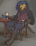  2016 absurd_res anthro basil_(character) black_nose boots brown_eyes chewycuticle clothed clothing coin digital_media_(artwork) feline footwear goblet hi_res lion male mammal mane medieval melee_weapon simple_background sitting solo sword table tail_tuft tuft weapon 