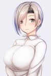  alternate_costume blush breasts brown_eyes chitose_(kantai_collection) closed_mouth commentary_request grey_hair headband huge_breasts kantai_collection long_hair looking_at_viewer ponytail simple_background smile solo tapisuke upper_body 