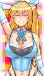  absurdres armpits bare_shoulders blonde_hair blue_eyes blue_gloves breasts cleavage elbow_gloves gloves grin highres large_breasts long_hair looking_at_viewer mirai_akari mirai_akari_project navel side_ponytail smile solo teeth virtual_youtuber wolffeld 