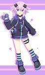  :d absurdres adult_neptune adult_neptune_(cosplay) black_choker blush caro-xy choker controller cosplay d-pad d-pad_hair_ornament full_body hair_ornament highres holding holster hood hooded_jacket jacket looking_at_viewer neptune_(choujigen_game_neptune) neptune_(series) open_mouth purple_eyes purple_hair shin_jigen_game_neptune_vii short_hair smile solo striped striped_legwear thigh_strap 