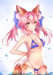  absurdres animal_ears arms_behind_back bangs bikini bow breasts cleavage collarbone cowboy_shot crotch_cutout crotchless_swimsuit fang fate/grand_order fate_(series) hair_bow highres liquid long_hair looking_at_viewer lowleg lowleg_bikini medium_breasts navel nipple_cutout nipples pink_hair side-tie_bikini sidelocks solo standing swimsuit tail tamamo_(fate)_(all) tamamo_no_mae_(fate) twintails wading water_drop xiuchi yellow_eyes 