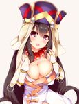  :d bangs bead_necklace beads bikini_top black_hair blush bow breasts bridal_gauntlets brown_background brown_bow chinese_clothes cleavage commentary_request eyebrows_visible_through_hair fate/grand_order fate_(series) fuuna hair_between_eyes hat head_tilt highres japanese_clothes jewelry kimono large_breasts long_hair looking_at_viewer necklace open_clothes open_kimono open_mouth prayer_beads purple_eyes simple_background smile solo very_long_hair white_bikini_top white_kimono xuanzang_(fate/grand_order) 