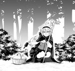  baby basket corset forest gloves greyscale hairband majo_shuukai_de_aimashou monochrome multiple_girls nature original piroya_(shabushabu) skirt staff witch 