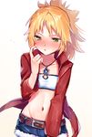  ayamori_mimi belt blonde_hair braid breasts commentary_request embarrassed fate/apocrypha fate_(series) french_braid green_eyes highres long_sleeves looking_at_viewer mordred_(fate) mordred_(fate)_(all) navel ponytail small_breasts solo 