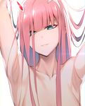  :3 armpits bangs blue_eyes blunt_bangs blurry closed_mouth collarbone darling_in_the_franxx depth_of_field half-closed_eyes hizuki_akira horns lips long_hair nude pink_hair revision simple_background smile solo upper_body white_background zero_two_(darling_in_the_franxx) 