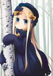  abigail_williams_(fate/grand_order) bangs birch black_bow black_dress black_hat blonde_hair blue_eyes blush bow bug butterfly closed_mouth commentary_request dress fate/grand_order fate_(series) hair_bow hat insect long_hair long_sleeves looking_at_viewer orange_bow outdoors parted_bangs polka_dot polka_dot_bow sleeves_past_fingers sleeves_past_wrists solo sorrau tree very_long_hair 