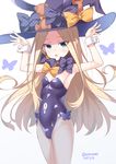 abigail_williams_(fate/grand_order) animal_ears animal_hat armpits arms_up bangs black_hat blonde_hair blue_eyes blush bow breasts bug bunny_ears bunny_girl bunny_hat bunnysuit butterfly commentary_request dated eyebrows_visible_through_hair fate/grand_order fate_(series) fishnet_pantyhose fishnets hat hat_bow hat_with_ears highleg highleg_leotard insect keyhole leotard long_hair orange_bow pantyhose parted_bangs parted_lips print_bow purple_bow purple_leotard simple_background small_breasts solo soukai_(lemonmaiden) star star_print strapless strapless_leotard stuffed_animal stuffed_toy teddy_bear twitter_username very_long_hair white_background witch_hat wrist_cuffs 