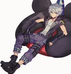  bean_bag_chair black_gloves boots commentary_request gloves kingdom_hearts kingdom_hearts_iii looking_at_viewer male_focus ninomoto riku short_hair silver_hair simple_background solo 