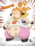  2017 2_fingers 2_toes 4_fingers akaji_(artist) anthro belly black_nose blush bottle bottomless bovine clothed clothing digital_drawing_(artwork) digital_media_(artwork) hair human japanese_text male mammal milk miltank neckerchief nintendo open_mouth orange_hair overweight pok&eacute;mon pok&eacute;mon_(species) simple_background solo sophocles standing sweat teats text toes transformation udders video_games 
