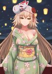  blonde_hair breasts cleavage collarbone cowboy_shot dylannn eyebrows_visible_through_hair fate/grand_order fate_(series) floating_hair flower green_kimono hair_between_eyes hair_flower hair_ornament highres japanese_clothes jeanne_d'arc_(alter)_(fate) jeanne_d'arc_(fate)_(all) kimono lantern large_breasts long_hair mask mask_on_head night obi off_shoulder outdoors parted_lips red_flower sash smile solo standing very_long_hair yellow_eyes yukata 