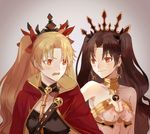  bad_id bad_pixiv_id black_ribbon blonde_hair blush breasts brown_hair cape choker cleavage collarbone earrings ereshkigal_(fate/grand_order) eye_contact fate/grand_order fate_(series) grey_background hair_ornament hair_ribbon highres ishtar_(fate/grand_order) jewelry long_hair looking_at_another medium_breasts midriff multiple_girls open_mouth red_cape red_eyes red_ribbon ribbon simple_background smile standing strapless twintails upper_body very_long_hair xinweikun 