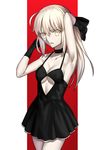  ahoge argyle_cutout arm_up armpits artoria_pendragon_(all) besmiled black_dress black_gloves blonde_hair breasts cleavage collarbone covered_nipples cowboy_shot dress eyebrows_visible_through_hair fate/stay_night fate_(series) floating_hair gloves hair_between_eyes hands_in_hair highres long_hair medium_breasts open_mouth saber_alter short_dress sideboob simple_background sleeveless sleeveless_dress solo underboob very_long_hair white_background yellow_eyes 