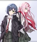  aqua_eyes bag bangs black_coat blue_hair blush closed_mouth coat collared_shirt darling_in_the_franxx eyebrows_visible_through_hair eyeshadow gradient gradient_background green_eyes green_skirt grey_background grey_coat hair_ornament hairband hairclip hands_in_pockets horns ichigo_(darling_in_the_franxx) long_sleeves looking_at_viewer makeup medium_skirt multiple_girls necktie open_clothes open_coat pink_hair plaid plaid_skirt profile red_neckwear red_scarf scarf school_uniform serious shirt short_hair shoulder_bag skirt smile striped striped_neckwear tsuedzu v-shaped_eyebrows white_hairband white_shirt wing_collar zero_two_(darling_in_the_franxx) 