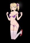  :p absurdres bare_shoulders black_background blonde_hair blush breasts cleavage closed_mouth collarbone eyebrows_visible_through_hair full_body green_eyes hair_ribbon heart heart-shaped_pupils highres looking_at_viewer medium_breasts navel original purple_ribbon ribbon short_hair short_twintails simple_background smile solo swimsuit symbol-shaped_pupils thighhighs tongue tongue_out twintails undressing white_legwear xian_yu_zhanshi 